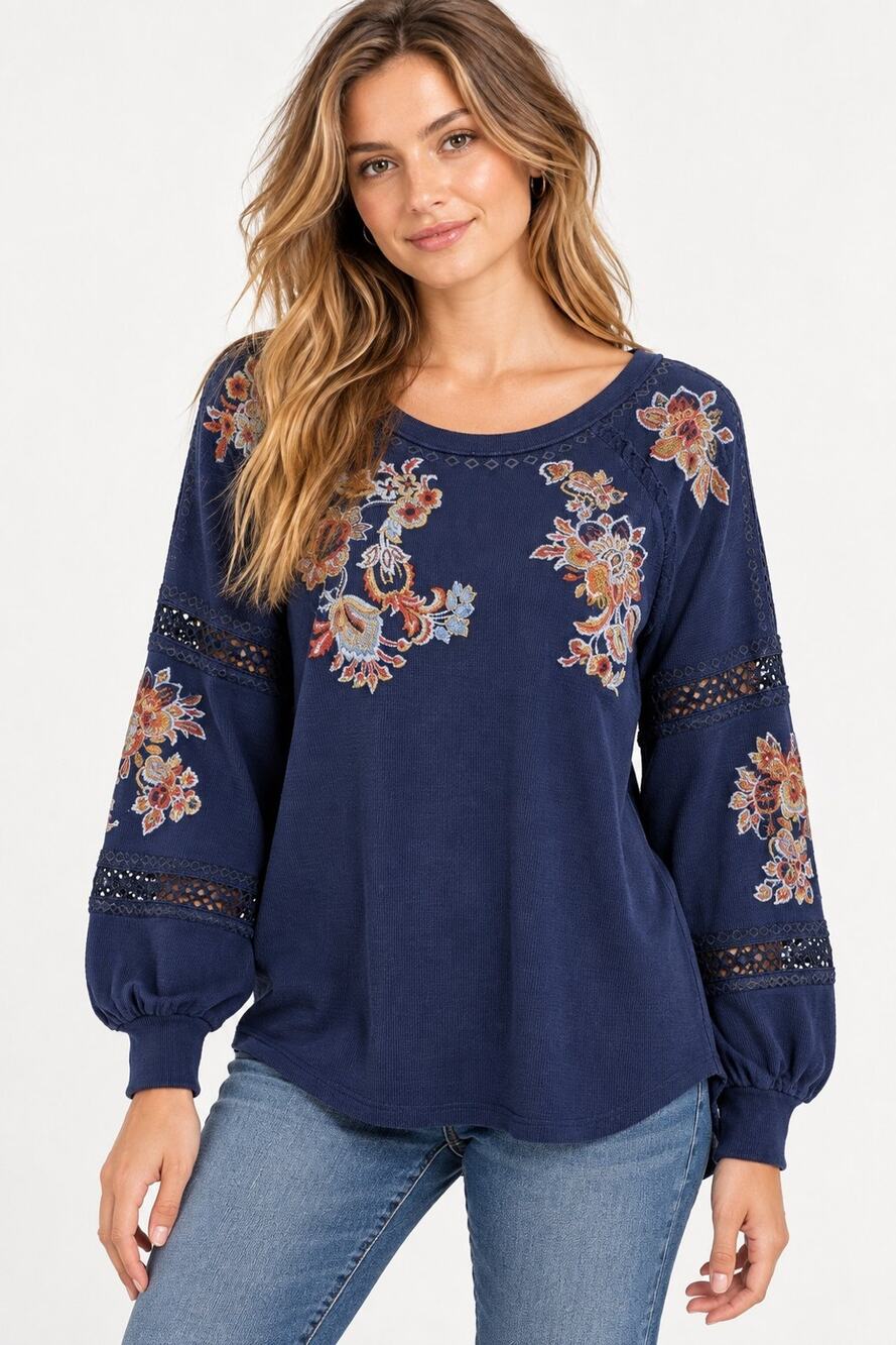 Sundance Blue Floral Embroidered Cotton Top Sweatshirt Medium